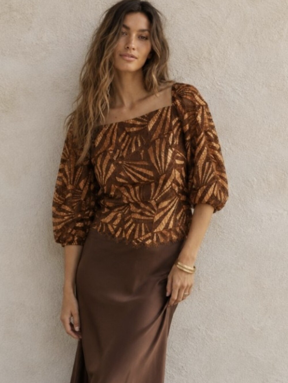 Anthropologie Eva Franco Puff Sleeve Lace Blouse Metallic Copper Women's Sz M